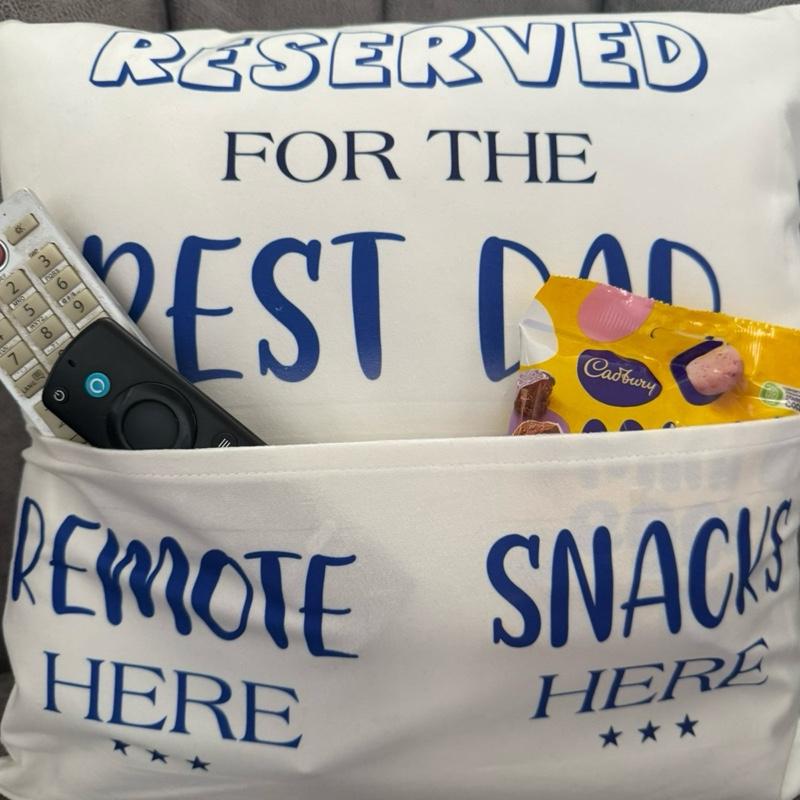 Dad’s pocket cushion, remote control holder, dads gift, gifts for fuzzy dads, best dad Father’s Day present, 40 x 40 cushion