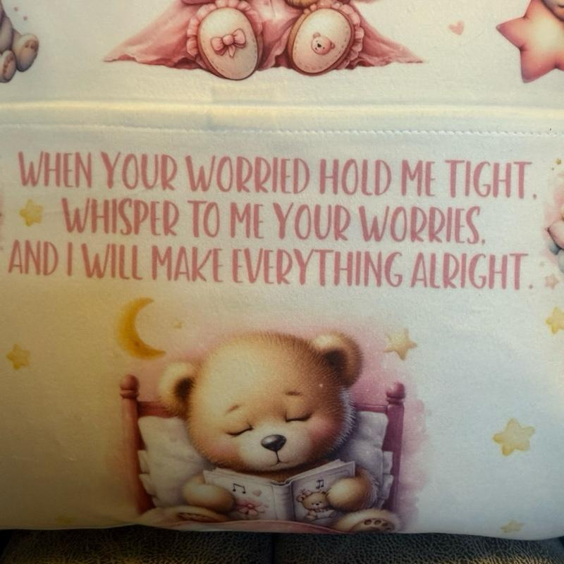 Personalised Worry bear pocket cushion with the choice to add on the bear. Anxiety bear, support bear cushion. Personalised cushion