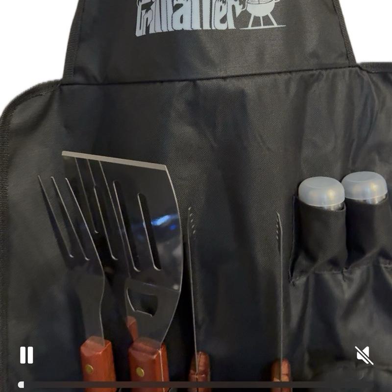 Personalised bbq apron, with 3 tools all engraved with any name, oven mitt, and salt and pepper shaker. Perfect gift for men, bbq lovers, Father’s Day, grandads and step dads. Image at top of the apron can also be changed