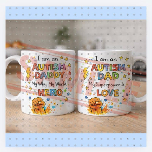 Autism Dad Fighting Battles You Can't See Mug with Red Interior and White Exterior Featuring Bold Text and Star Design, sen children parents, 11oz ceramic mug, Father’s Day gift, gifts for dads Drinkware Cup Reusable Washable Reuse Coffee