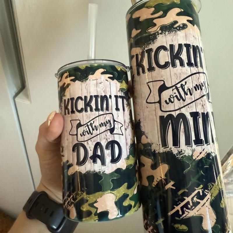 Hot and cold drinks, water insulated, double walled tumbler and sippy cup. Matching father and son. With straw and lid. BPA free Drinkware Flasks Bottles Bottled Portable. Camo design