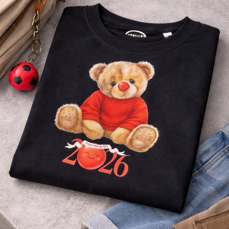 Children’s unisex personalised together in red t-shirt with Teddy bear on. Available in different colours