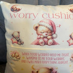 Personalised Worry bear pocket cushion with the choice to add on the bear. Anxiety bear, support bear cushion. Personalised cushion