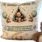 Personalised green worry bear pocket cushion, pillow. Option to include insert and teddy bear
