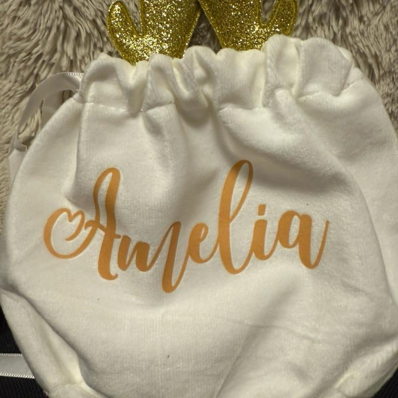 Christmas Velvet White Gift Bag with Reindeer Ears Personalised with Name