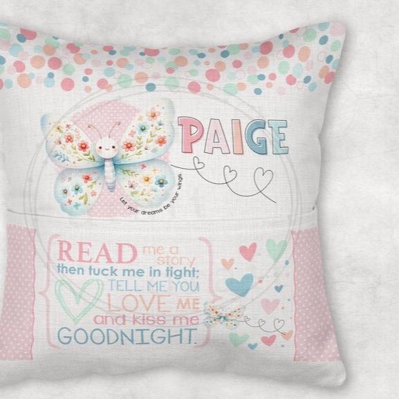 Cute personalised butterfly pocket book cushion. Children’s reading cushion. Cute nursery cushion