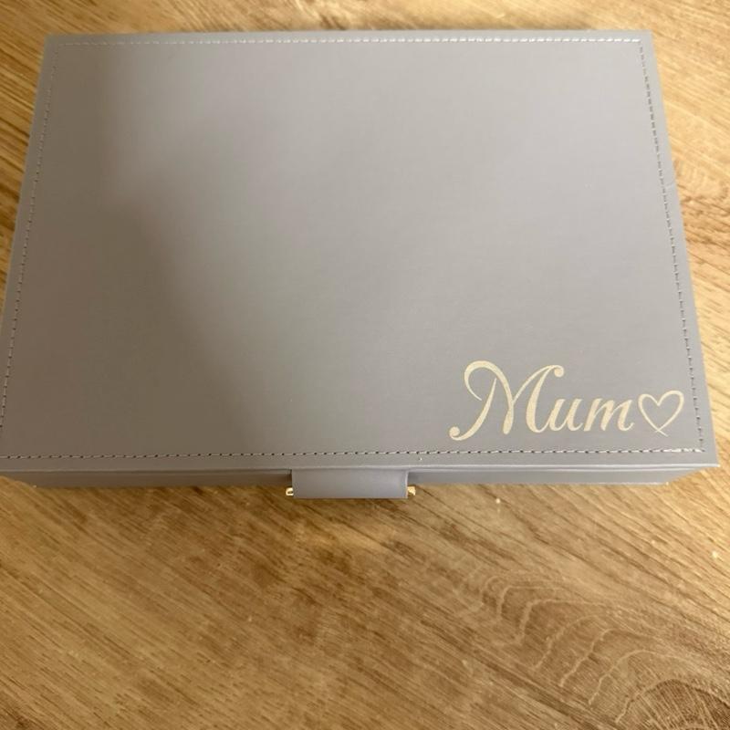 Personalised engraved jewellery box in grey with cream inside lining. Mum can be changed for different spelling or name