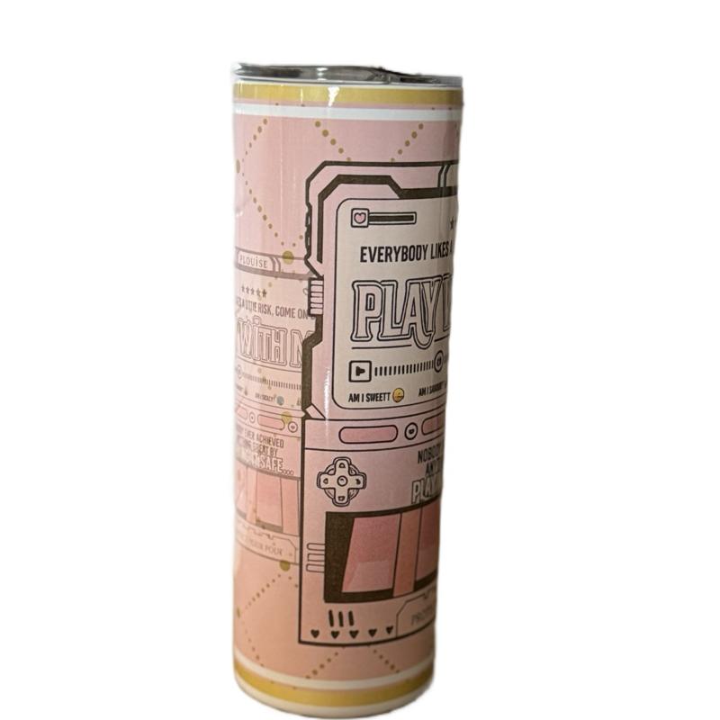 Makeup Themed 20oz Tumbler Double Walled Insulated with Lid and Straw - Pink Design with Text "Play with Risk" Drinkware Flasks Stylish Mug Bottles Water Bottles Portable Bottled