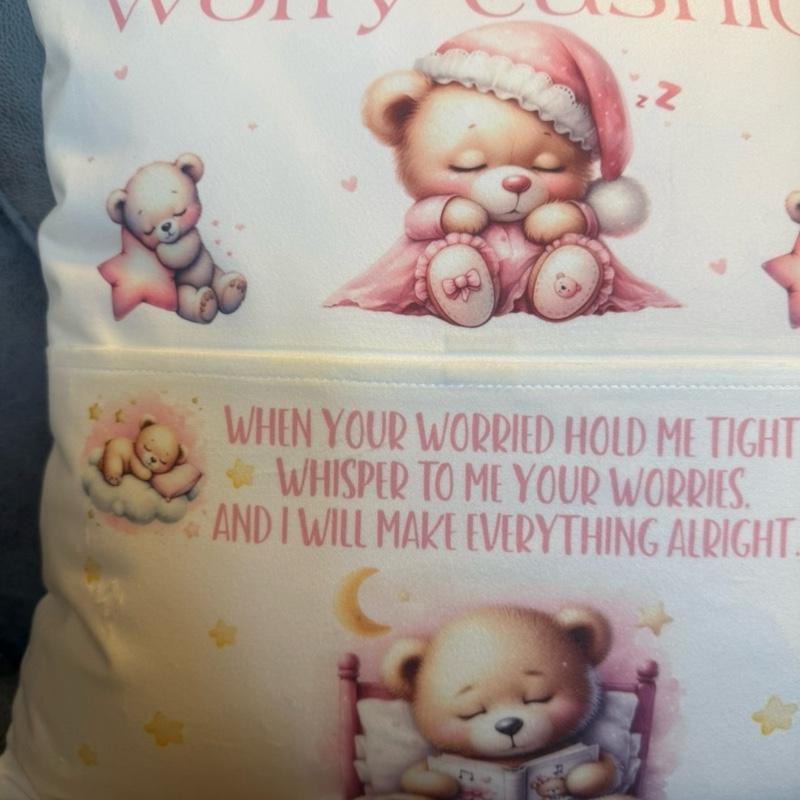 Personalised Worry bear pocket cushion with the choice to add on the bear. Anxiety bear, support bear cushion. Personalised cushion