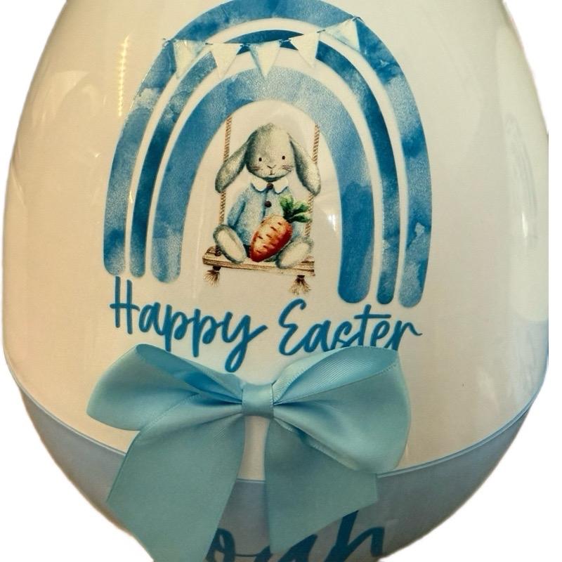 Personalised 16 inch Jumbo Plastic Storage Egg with Ribbon Bow and Bunny Design Perfect for filling with Easter Gifts
