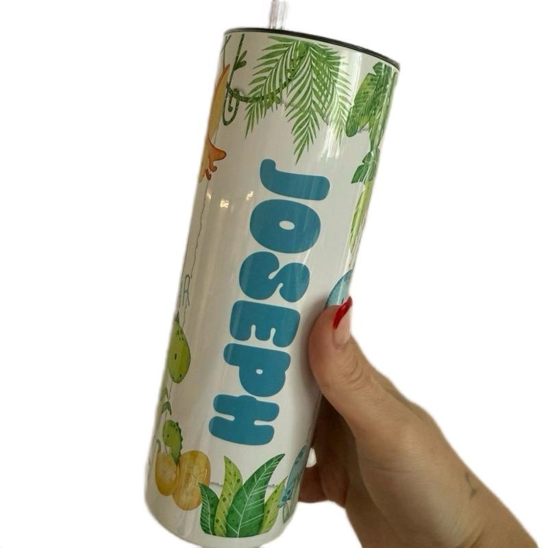 Personalised dinosaur themed 20oz tumbler with lid and straw