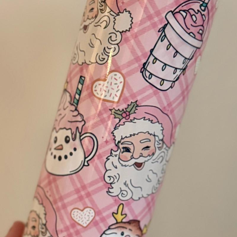 Pink Santa Themed 20oz Tumbler with Flat Lid and Straw - Festive Design for Christmas Drinks Drinkware Flasks Insulated Portable Water Bottles Mug Bottled