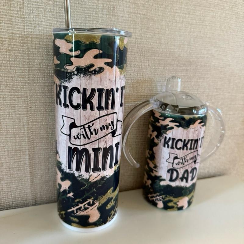 Hot and cold drinks, water insulated, double walled tumbler and sippy cup. Matching father and son. With straw and lid. BPA free Drinkware Flasks Bottles Bottled Portable. Camo design