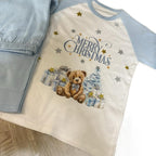 Blue and White Young Boys Christmas Pyjamas with Personalisation Option Featuring a Cute Teddy Bear Design kids