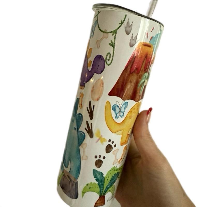 Personalised dinosaur themed 20oz tumbler with lid and straw