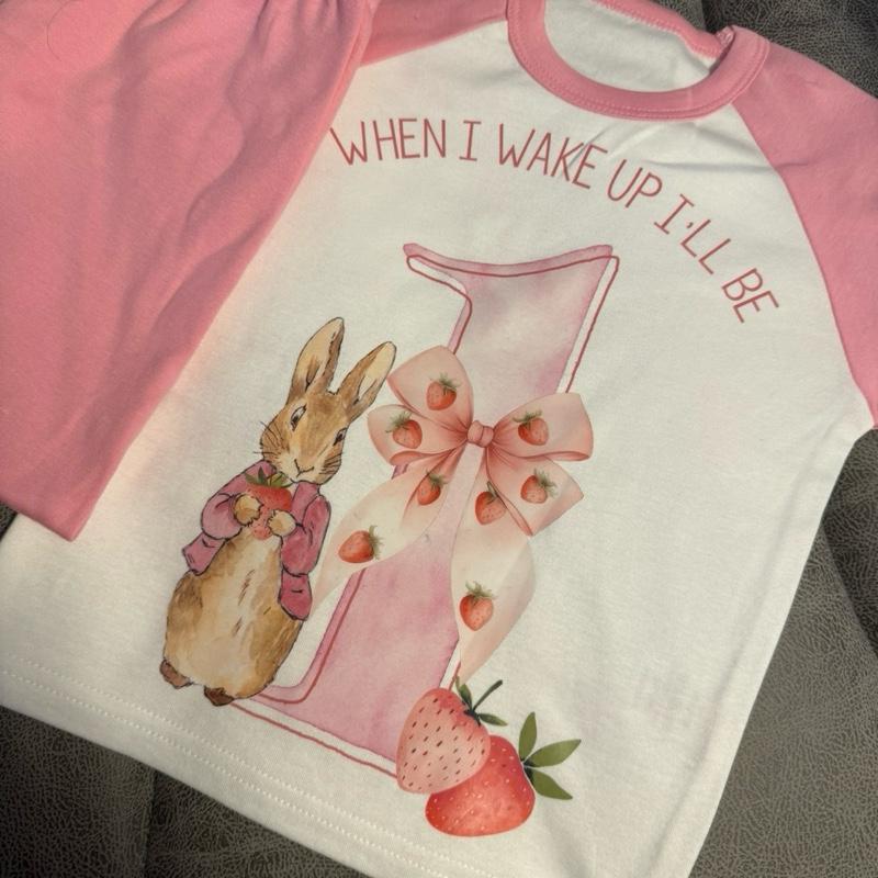 When I Wake Up I'll Be 1 Rabbit Pyjamas with Pink Sleeves and Trousers for Kids