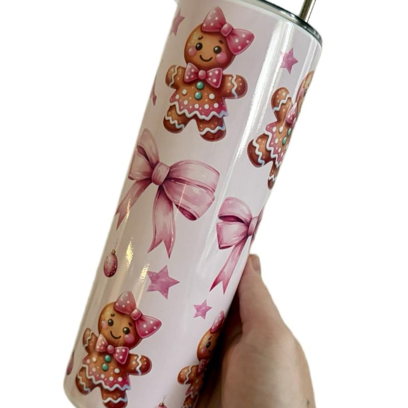 Pink gingerbread double walled insulated tumbler 20oz with flat lid and straw and sippy cup 12oz  Drinkware Bottles Flasks Insulation Mug Bottled Portable