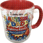 Autism Dad Fighting Battles You Can't See Mug with Red Interior and White Exterior Featuring Bold Text and Star Design, sen children parents, 11oz ceramic mug, Father’s Day gift, gifts for dads Drinkware Cup Reusable Washable Reuse Coffee