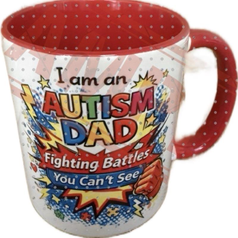 Autism Dad Fighting Battles You Can't See Mug with Red Interior and White Exterior Featuring Bold Text and Star Design, sen children parents, 11oz ceramic mug, Father’s Day gift, gifts for dads Drinkware Cup Reusable Washable Reuse Coffee