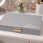 Personalised engraved jewellery box in grey with cream inside lining. Mum can be changed for different spelling or name