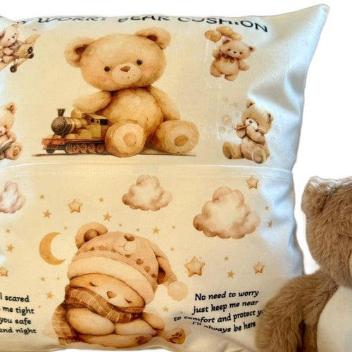 Beige designed personalised worry bear pocket cushion, pillow, with the option to add an insert and a teddy bear which will also be personalised