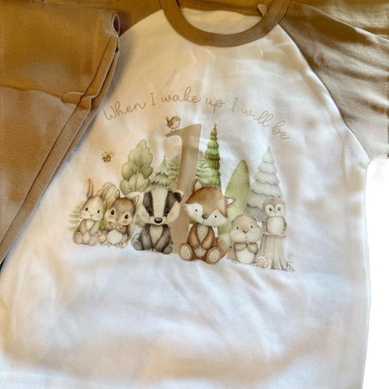 Woodland themed personalised when I wake up birthday pyjamas, cute boys pyjamas, pyjamas with age on. Long sleeves and trousers. Message me or leave a note at checkout with age and name to add on