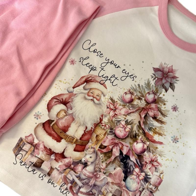 Pink Personalised Christmas Eve Pyjamas Long Sleeved Top and Trousers with Santa Design Close Your Eyes Sleep Tight
