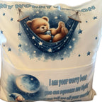 Personalised blue worry bear pocket cushion, pillow. Option to add on insert and teddy