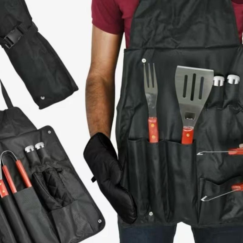 Personalised bbq apron, with 3 tools all engraved with any name, oven mitt, and salt and pepper shaker. Perfect gift for men, bbq lovers, Father’s Day, grandads and step dads. Image at top of the apron can also be changed