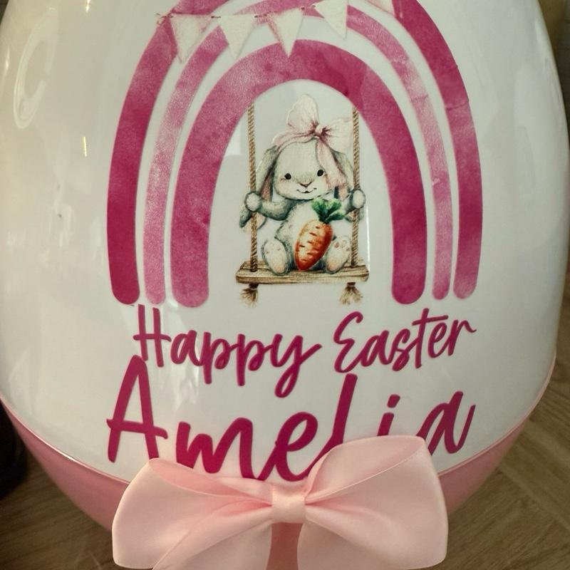 Personalised 16 inch Jumbo Plastic Storage Egg with Ribbon Bow and Bunny Design Perfect for filling with Easter Gifts
