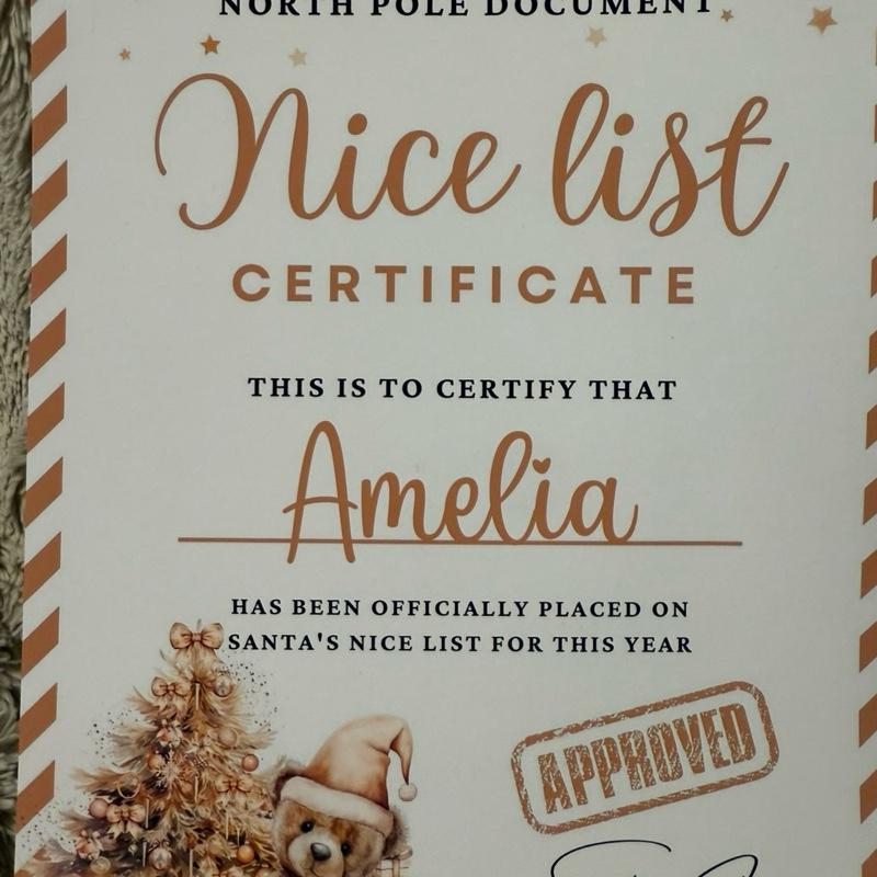 Gold personalised Christmas nice list certificate with Teddy bear on Gift Decor Decoration