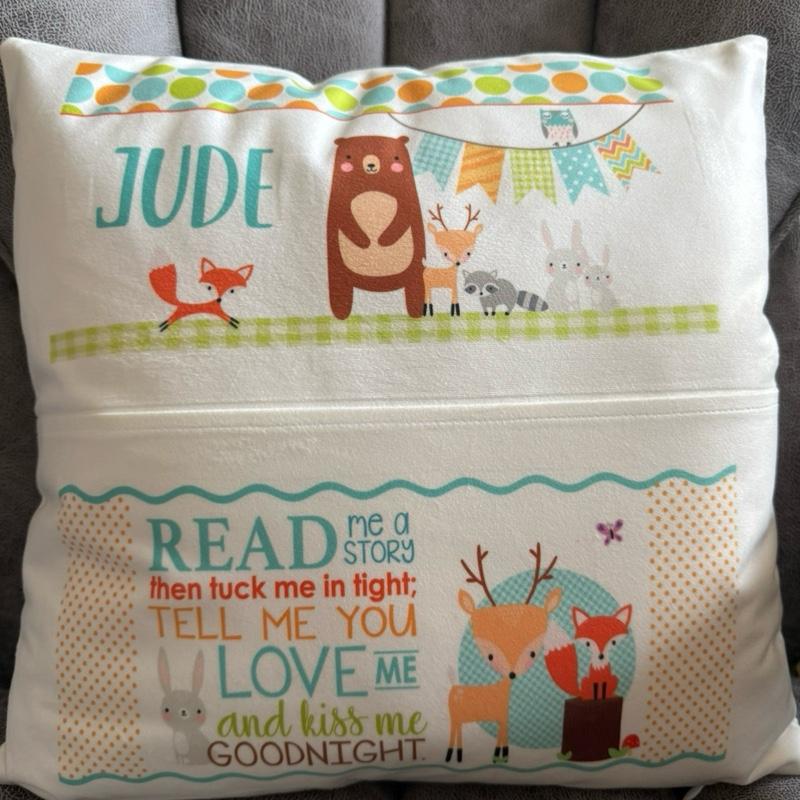 Cute personalised woodland animals pocket book cushion, personalised nursery cushion, cushion with soft toy, reading cushion, children’s cushion