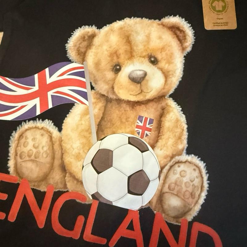 England football themed children’s t shirt personalised for boys and girls perfect to wear to watch the World Cup. Organic cotton