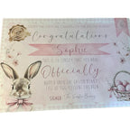 Pink, blue or yellow certificate personalised from the Easter bunny