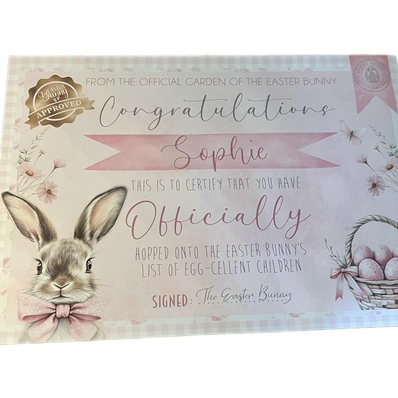 Pink, blue or yellow certificate personalised from the Easter bunny