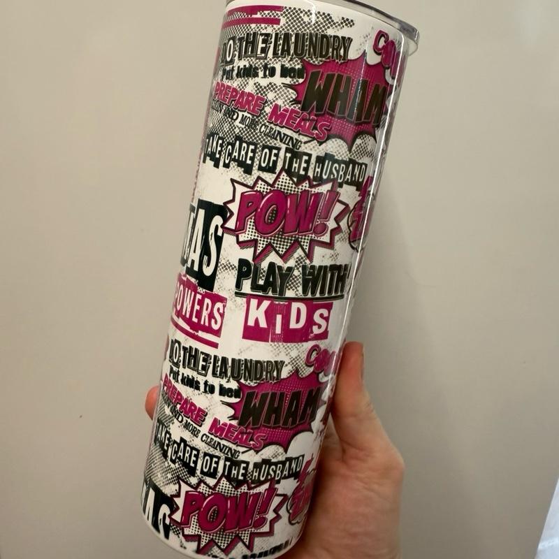 Perfect 20oz Insulated Double Walled Tumbler for Mother’s Day Hot & Cold Drinks with Lid and Straw Pop Art Design pink, white and black