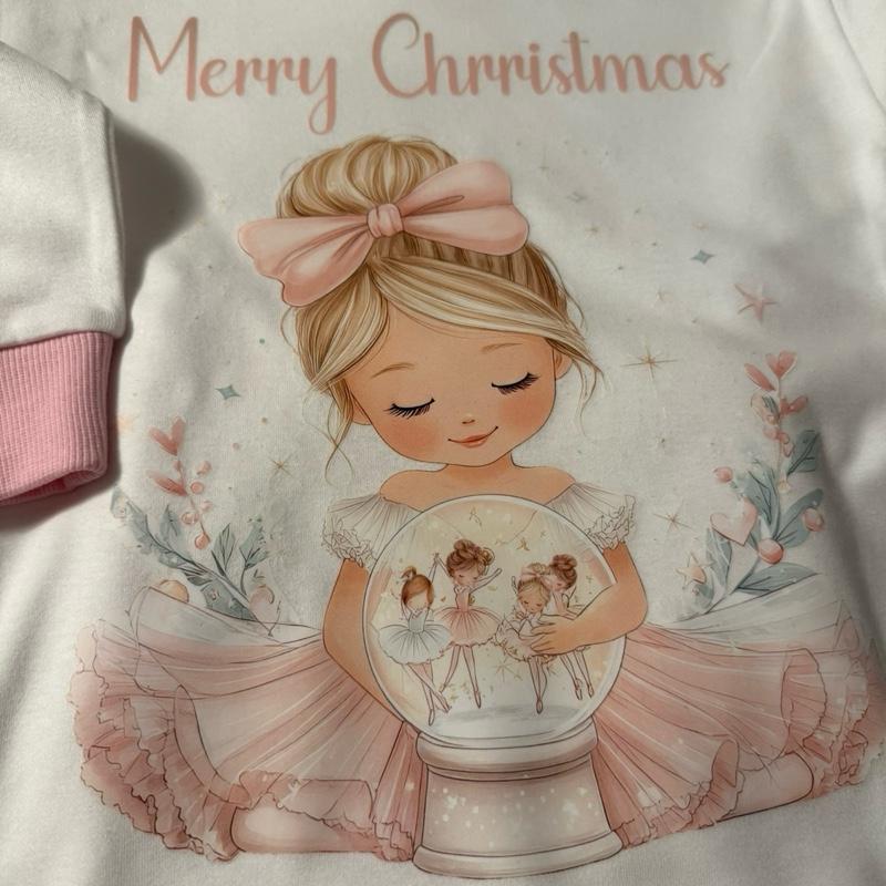 Girls Christmas Pink Pyjamas with Brushed Cotton PJ Bottoms Woven Check Pattern & Cute Ballerina Design
