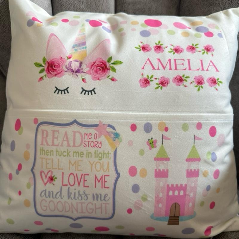 Cute personalised unicorn pocket book cushion, nursery cushion, book cushion, reading cushion, leave name on notes at checkoutt or send a message with name