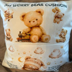 Beige designed personalised worry bear pocket cushion, pillow, with the option to add an insert and a teddy bear which will also be personalised