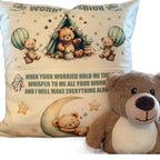 Personalised green worry bear pocket cushion, pillow. Option to include insert and teddy bear