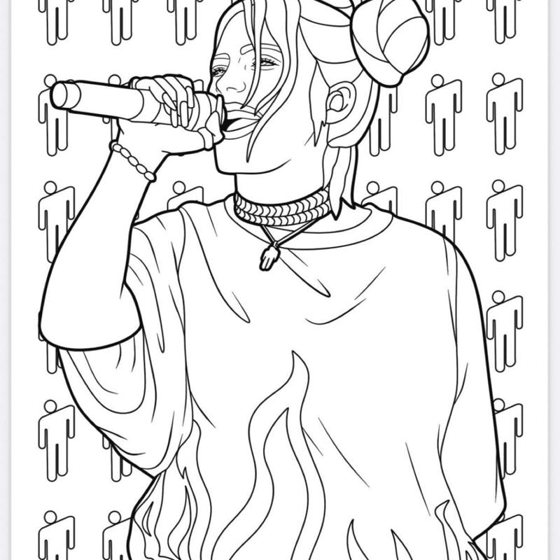 Billie Pop Star 20 Pages Colouring Book for Music Lovers Featuring Iconic Green Hair and Rock Pose