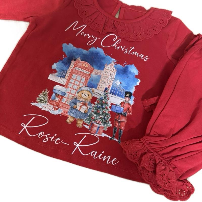 Girls children’s Red Christmas pyjamas London bear themed personalised