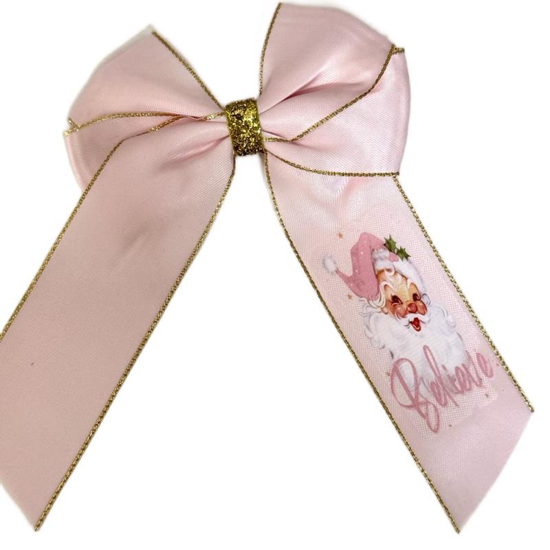 6inch Personalised Hair Bows with Sliding Clip on the Back - Gold Trim & Christmas Design