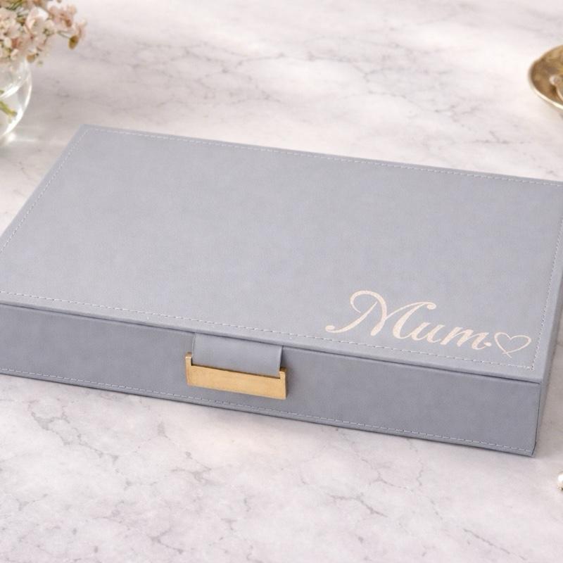 Personalised engraved jewellery box in grey with cream inside lining. Mum can be changed for different spelling or name