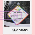 Autistic child on board car window sign with a suction cup to attach to window, emergency sign, autism, sen children