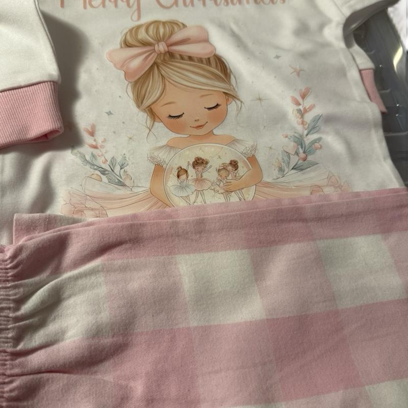 Girls Christmas Pink Pyjamas with Brushed Cotton PJ Bottoms Woven Check Pattern & Cute Ballerina Design