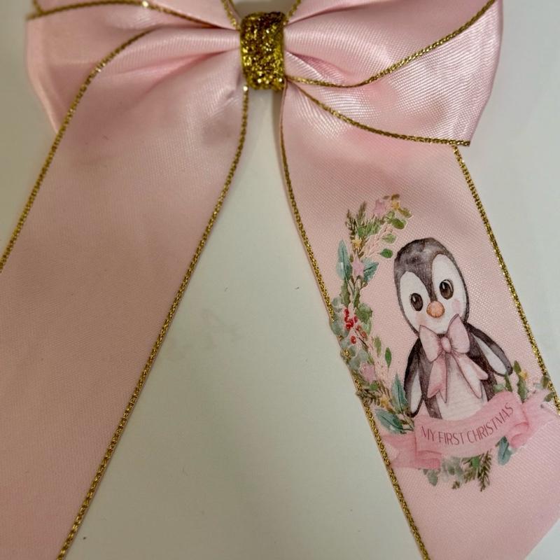 6inch Personalised Hair Bows with Sliding Clip on the Back - Gold Trim & Christmas Design