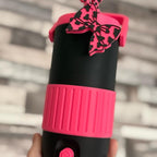 Personalised 500ml can holder/can cooler in pink and black with straw topper and can opener