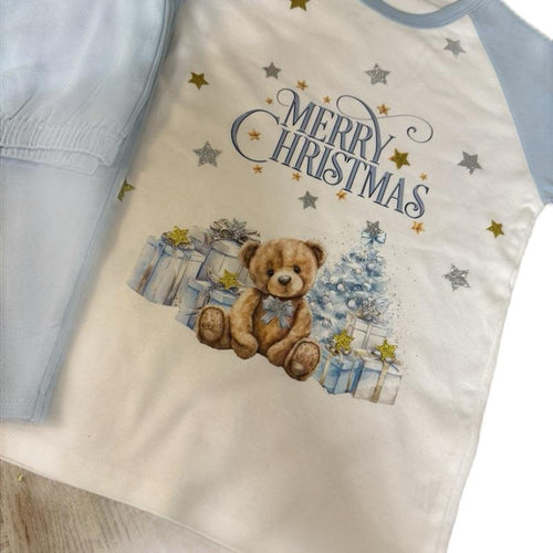 Blue and White Young Boys Christmas Pyjamas with Personalisation Option Featuring a Cute Teddy Bear Design kids