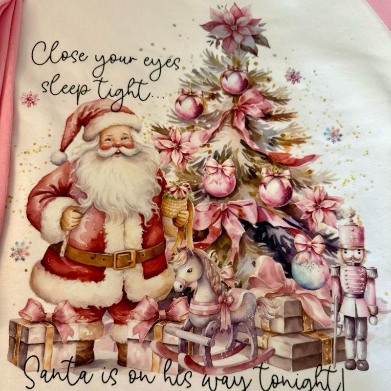 Pink Personalised Christmas Eve Pyjamas Long Sleeved Top and Trousers with Santa Design Close Your Eyes Sleep Tight